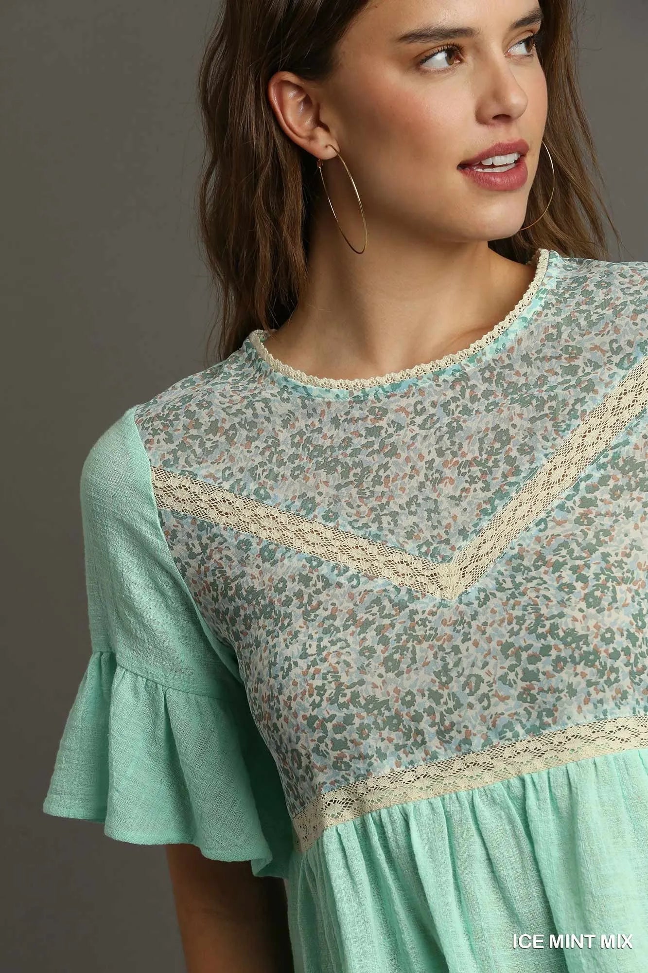 Umgee Floral Lace Trimmed Detail Half Sleeve Babydoll Top Tops
