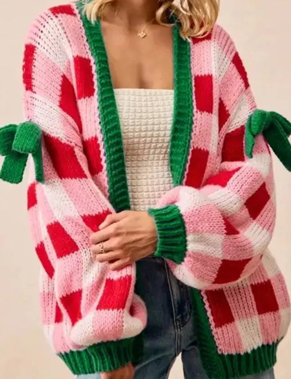 Checkered bow-tie sleeve knit Christmas cardigan with green red stripes