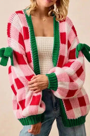 Checkered bow-tie sleeve knit Christmas cardigan with green red stripes
