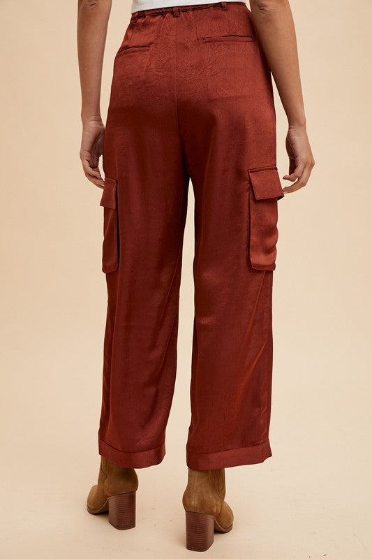 Anniewear Wide Leg Cargo Satin Pants Bottoms