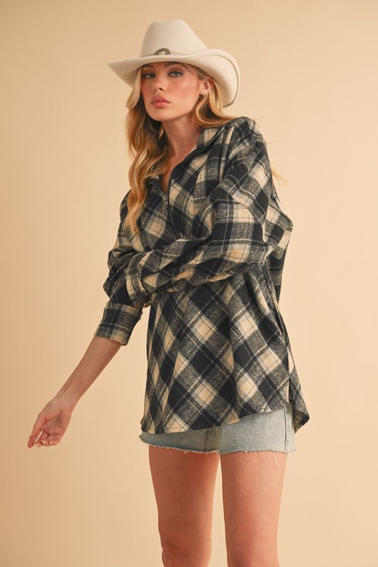 Aemi + Co Slit Plaid Half Zip Drop Shoulder Top