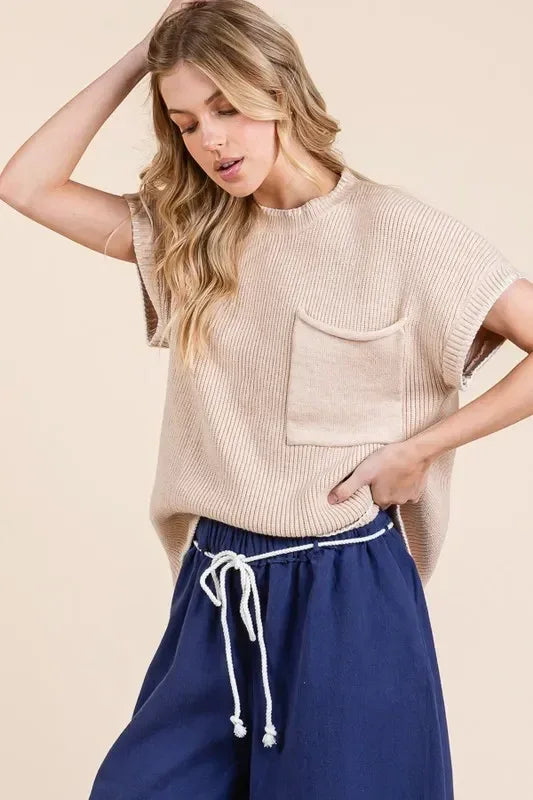 Lime 'N' Chili Solid Cap Sleeve Stitch Edge Knit Sweater - DAVERRI FASHIONS