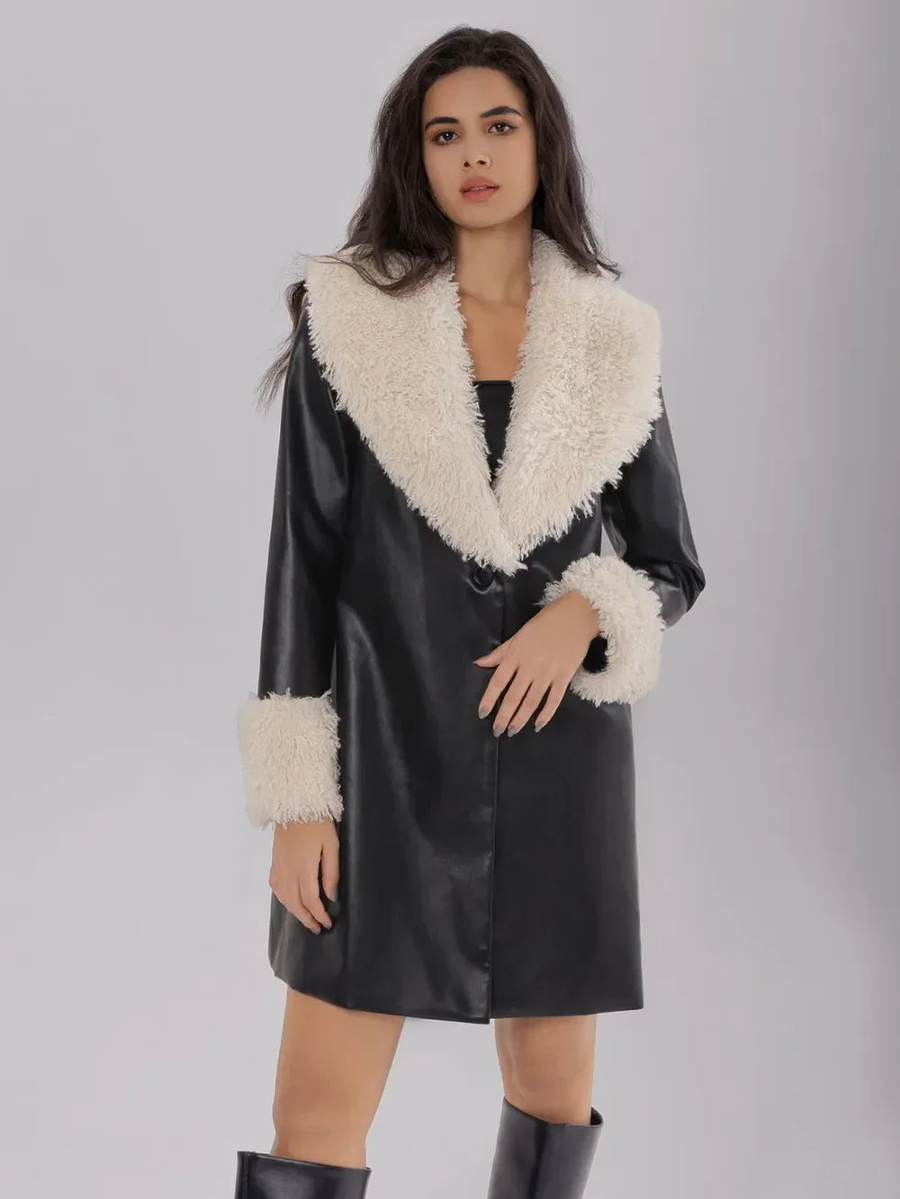 Fuzzy Long Sleeve Longline Coat - DAVERRI FASHIONS