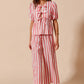 SO ME Front Tie Stripe Top With Puff Sleeves and Wide Leg Pants Set