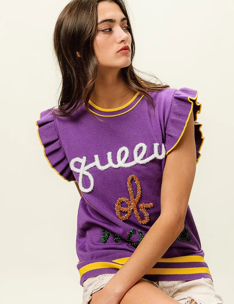 BiBi Queen Of Mardi Ruffled Armhole Sleeveless Knit Top | Knit Tops Daverri Fashions