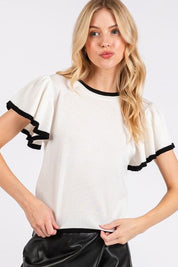 Mittoshop Contrast Trim Ruffled Cap Sleeve Knit Top White L