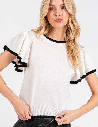 Mittoshop Contrast Trim Ruffled Cap Sleeve Knit Top White L