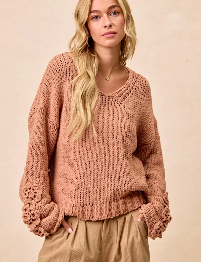 DUSTY PEACH BiBi Chunky Knit Sweater with Flower Detail Sleeves | Sweaters Daverri Fashions