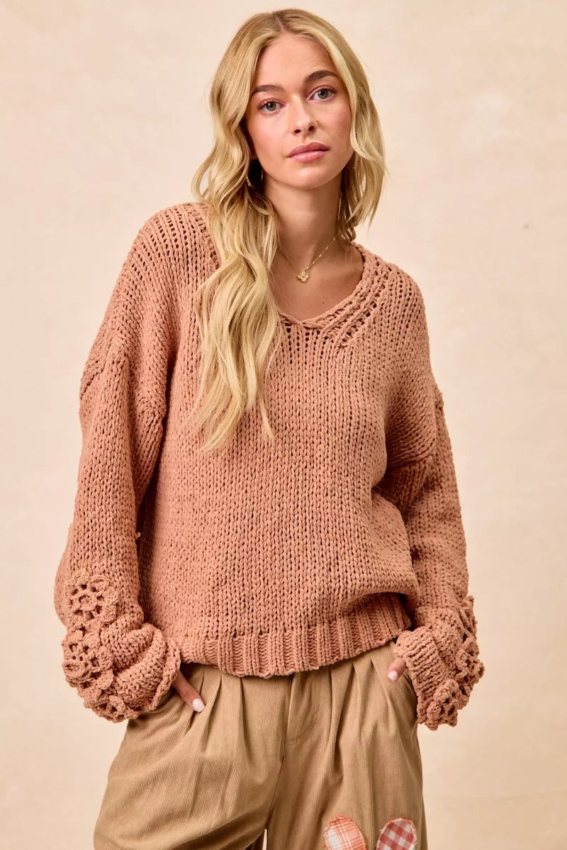 DUSTY PEACH BiBi Chunky Knit Sweater with Flower Detail Sleeves | Sweaters Daverri Fashions