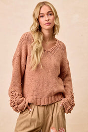 DUSTY PEACH BiBi Chunky Knit Sweater with Flower Detail Sleeves | Sweaters Daverri Fashions