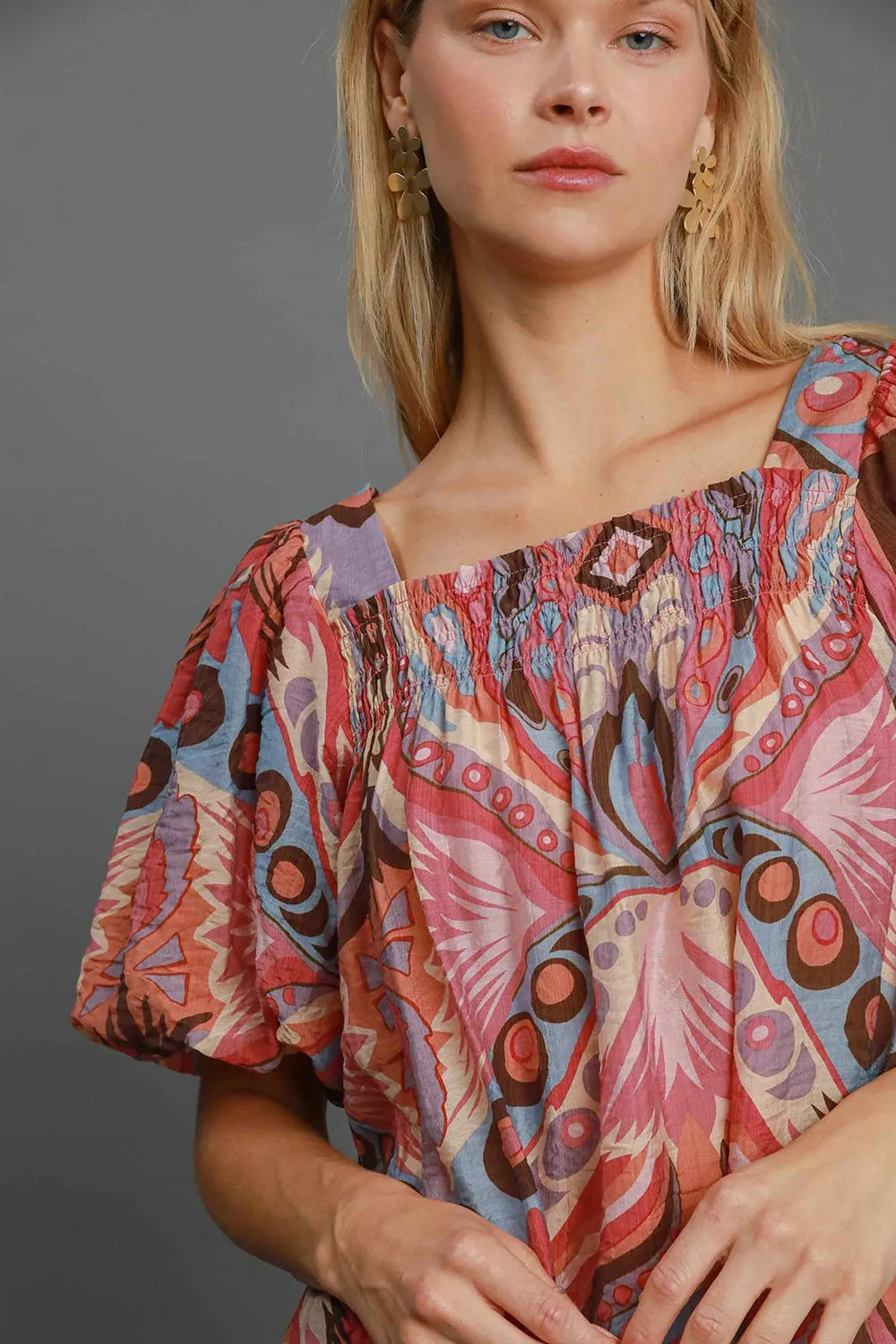 Umgee Full Size Abstract Print Smocked Square Neck Puff Sleeve Blouse | Blouses Daverri Fashions