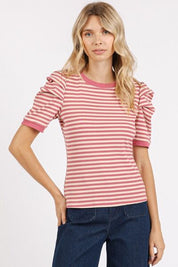 Mittoshop Striped Round Neck Puff Sleeve T-Shirt Mauve