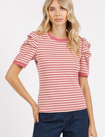 Mittoshop Striped Round Neck Puff Sleeve T-Shirt Mauve