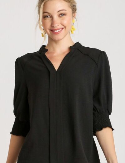 Umgee Full Size Split Neck Boxy Cut Top with Piping Details Black Tops