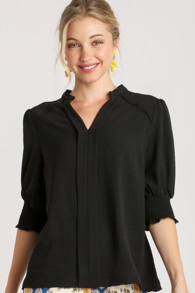 Umgee Full Size Split Neck Boxy Cut Top with Piping Details Black Tops