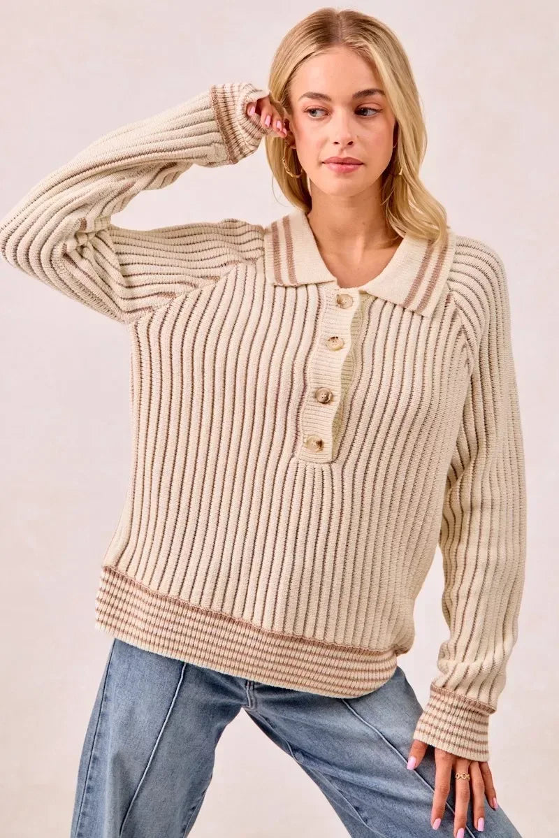 BiBi Half Button Ribbed Two Tone Sweater - DAVERRI FASHIONS