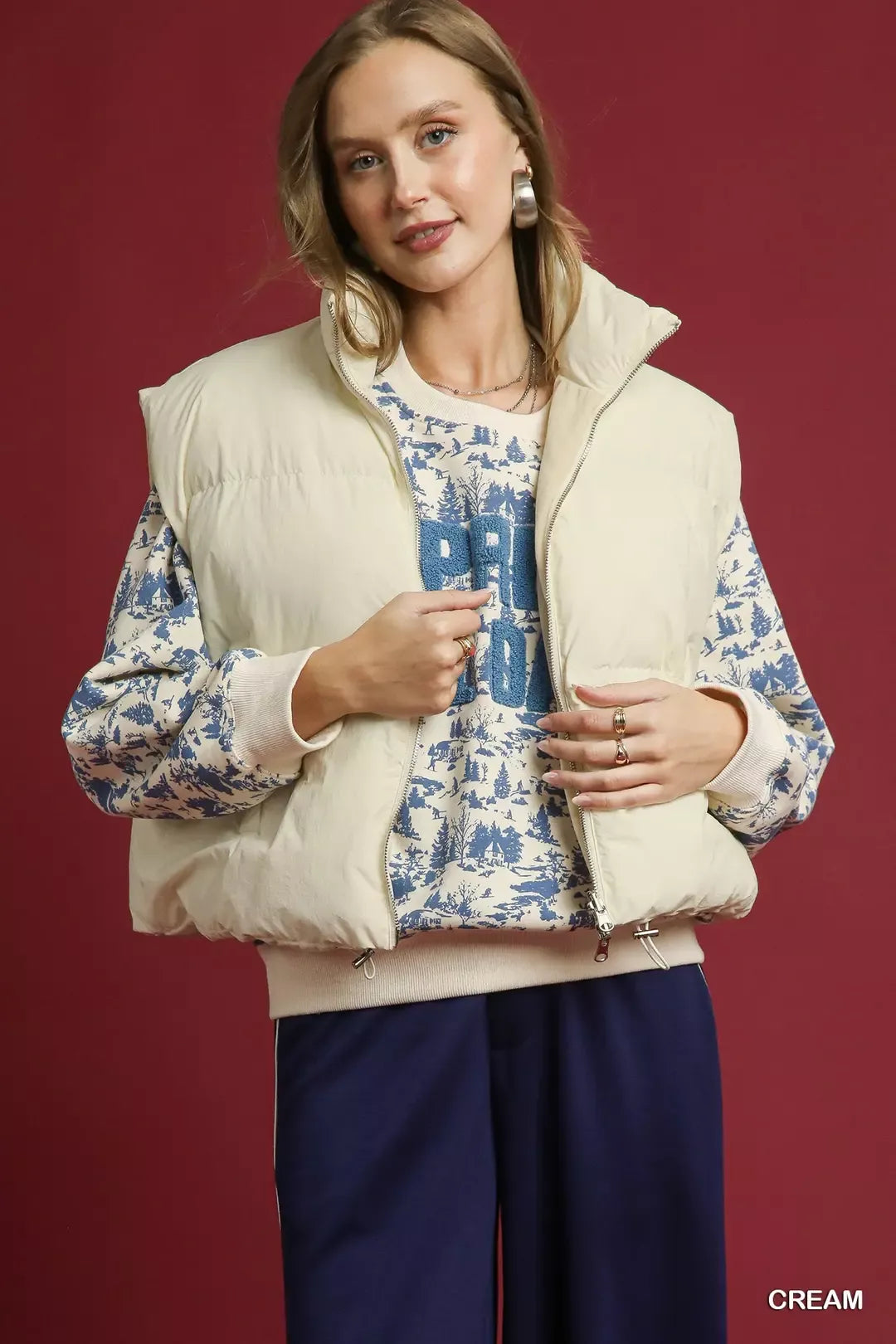 Umgee High Neck Puffer Vest with Zip Front | Vest Jackets Daverri Fashions