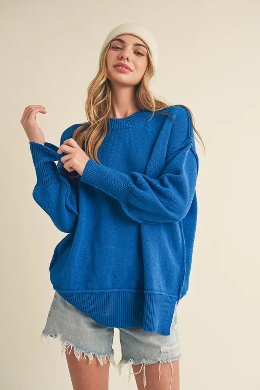 Aemi+Co Ribbed Hem Side Slit Round Neck Sweater COBALT