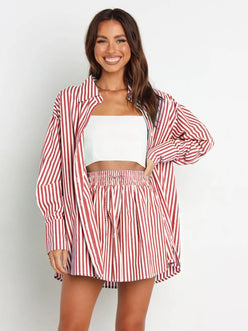 Red and white striped oversized button-down shirt with dropped shoulders