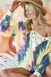 BiBi Tie Dye Deep V-Neck Top with Lace Up Front | Tops Daverri Fashions