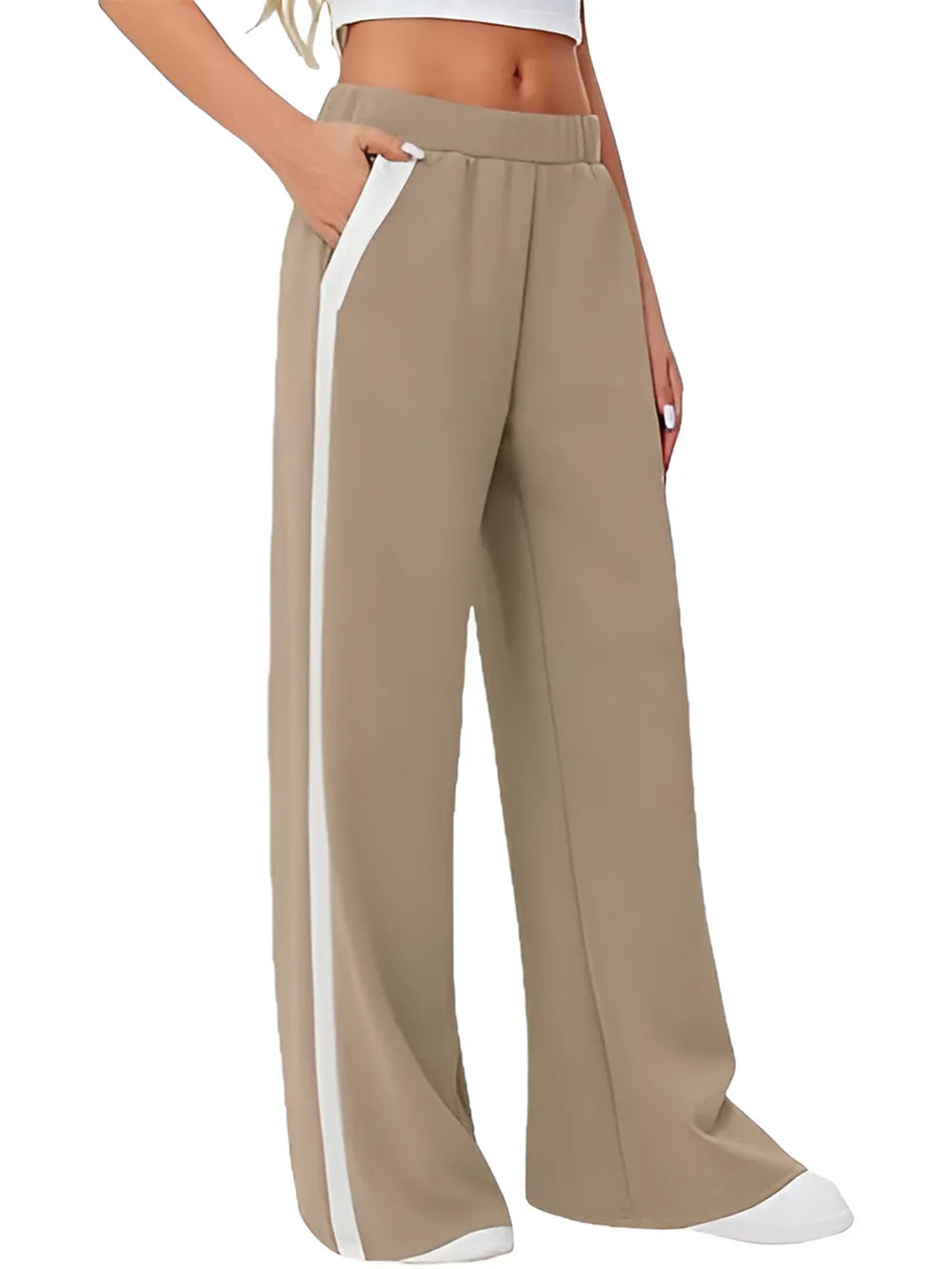 Beige wide-leg pants with white side stripes, Side Striped Wide Leg Pants