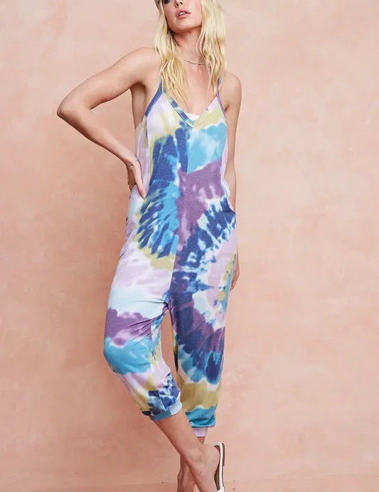 LAVENDER BLUE BiBi Tie Dye Knit Mid-length Casual Jumpsuit | Jumpsuits Daverri Fashions