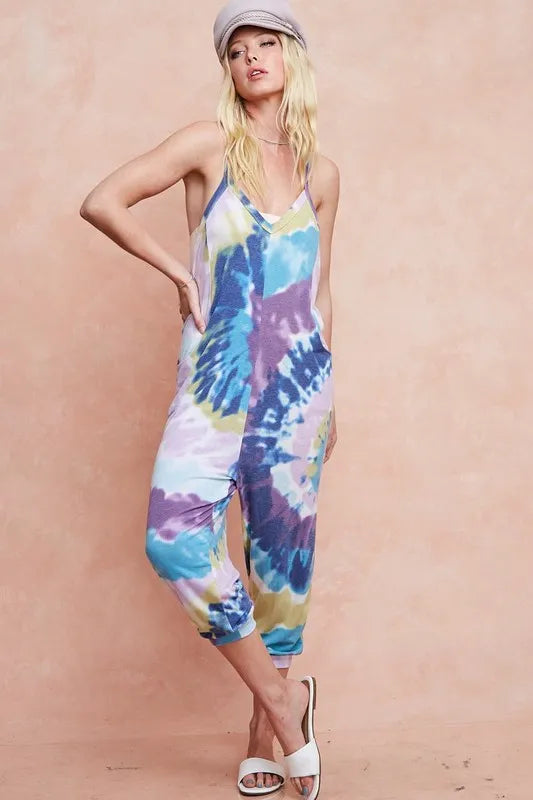 BiBi Tie Dye Knit Mid-length Casual Jumpsuit LAVENDER BLUE Jumpsuits