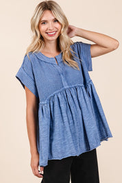 Mittoshop Mixed Media Mineral Wash Babydoll Short Sleeve Blouse Blue