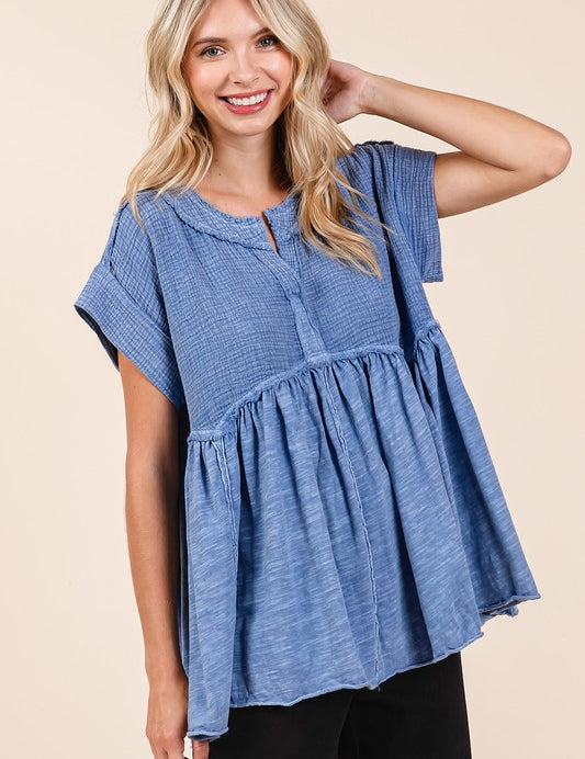 Mittoshop Mixed Media Mineral Wash Babydoll Short Sleeve Blouse Blue