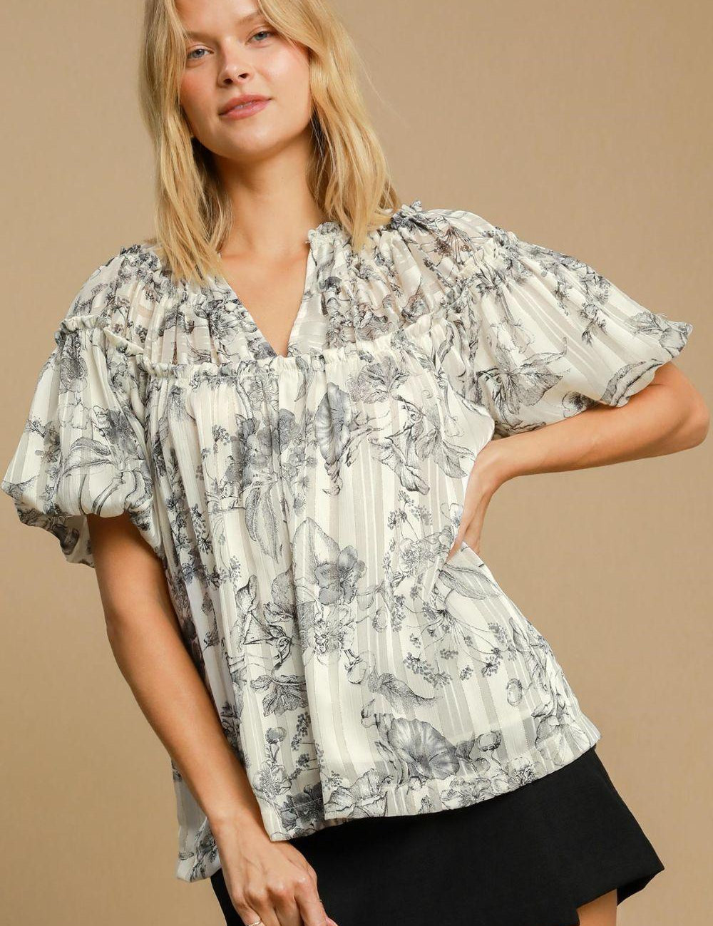 Umgee Full Size Floral Print Metallic Ruffle Blouse Plus Size | Blouses Daverri Fashions