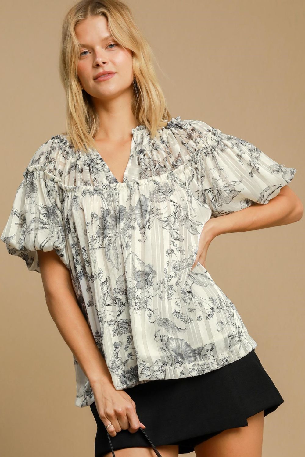 Umgee Full Size Floral Print Metallic Ruffle Blouse Plus Size Blouses