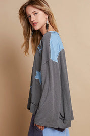 POL Exposed Seam Relaxed Fit Sweater with Star Denim Patch | Sweaters Daverri Fashions