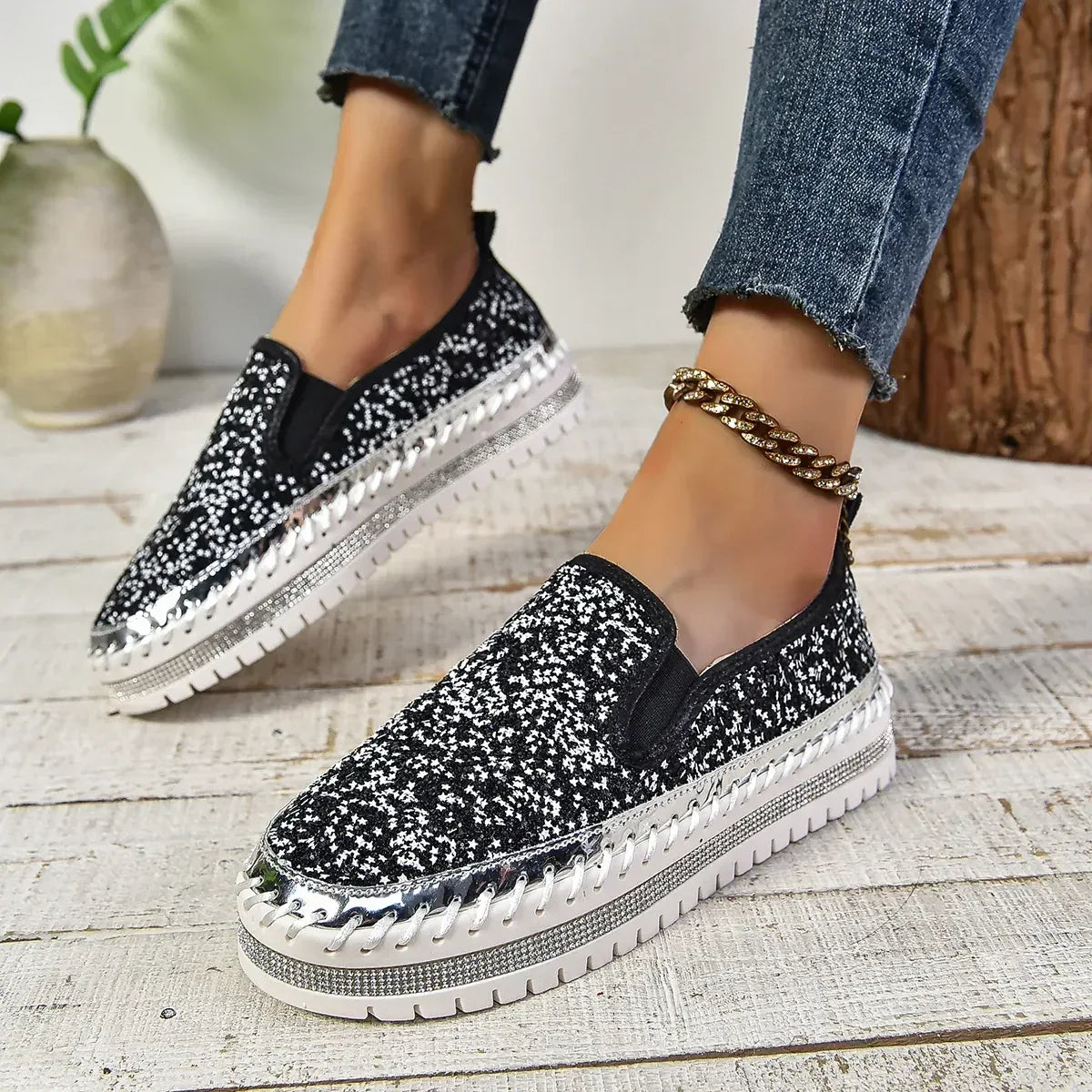 Rhinestone Round Toe Platform Loafers - DAVERRI FASHIONS