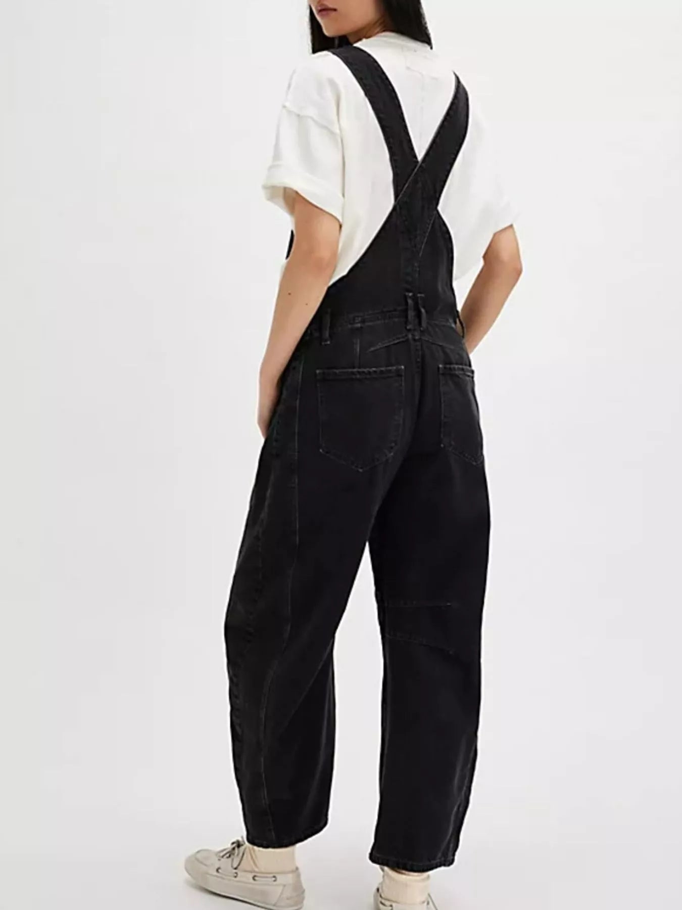 Wide strap wide leg black denim overalls relaxed fit back view