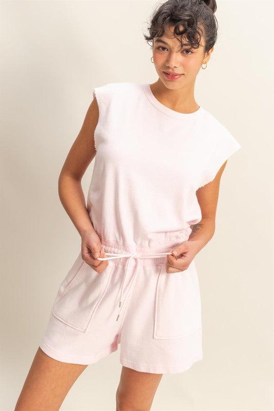 HYFVE Round Neck Cap Sleeve Drawstring Waist Romper Soft Pink L Rompers