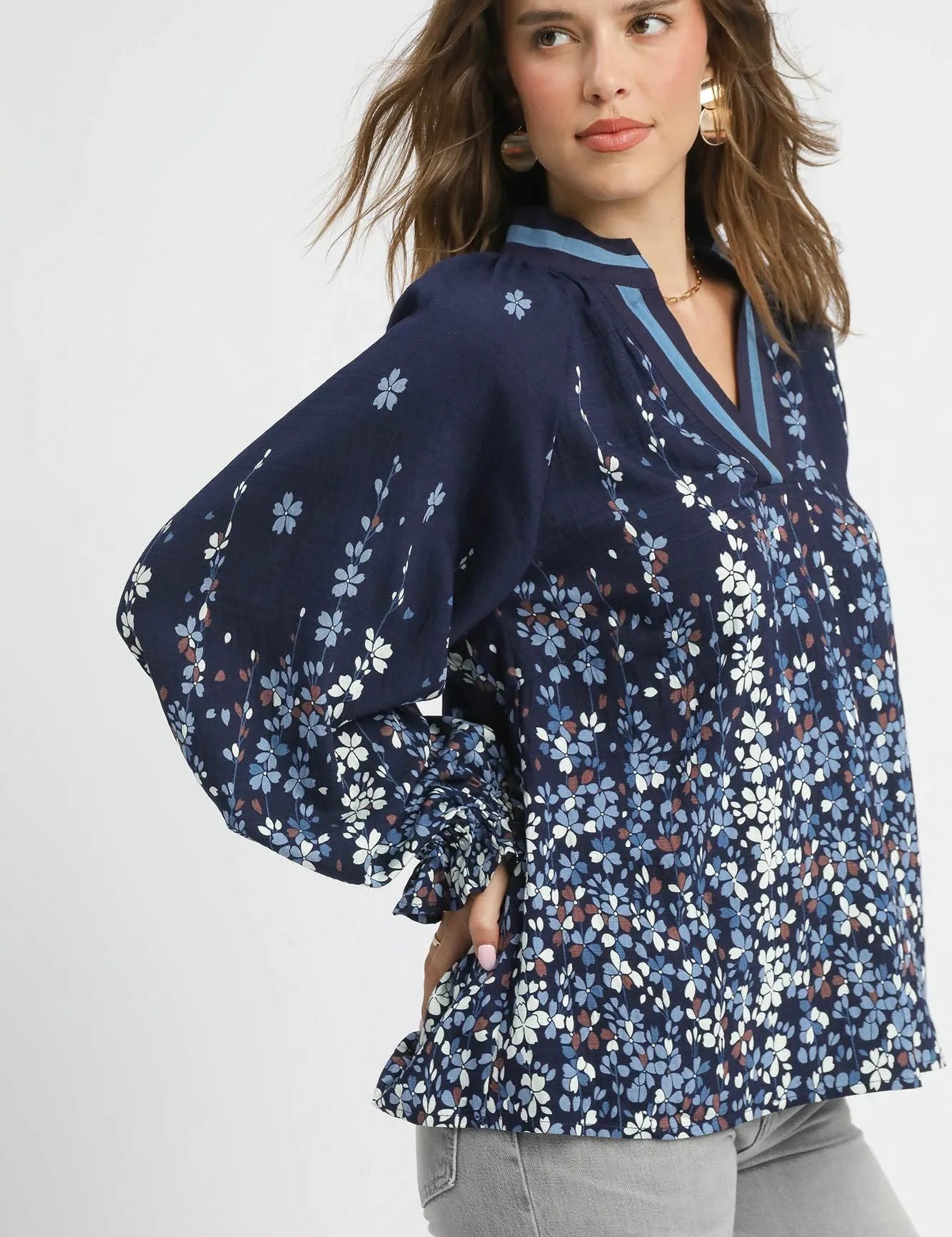 Umgee Midnight Floral Vine Print Blouse with Balloon Sleeves Plus Size | Blouses Daverri Fashions
