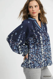 Umgee Midnight Floral Vine Print Blouse with Balloon Sleeves Plus Size | Blouses Daverri Fashions