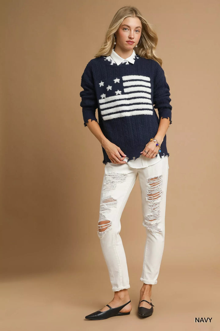 Umgee Distressed American Flag Sweater Navy | Daverri Fashions