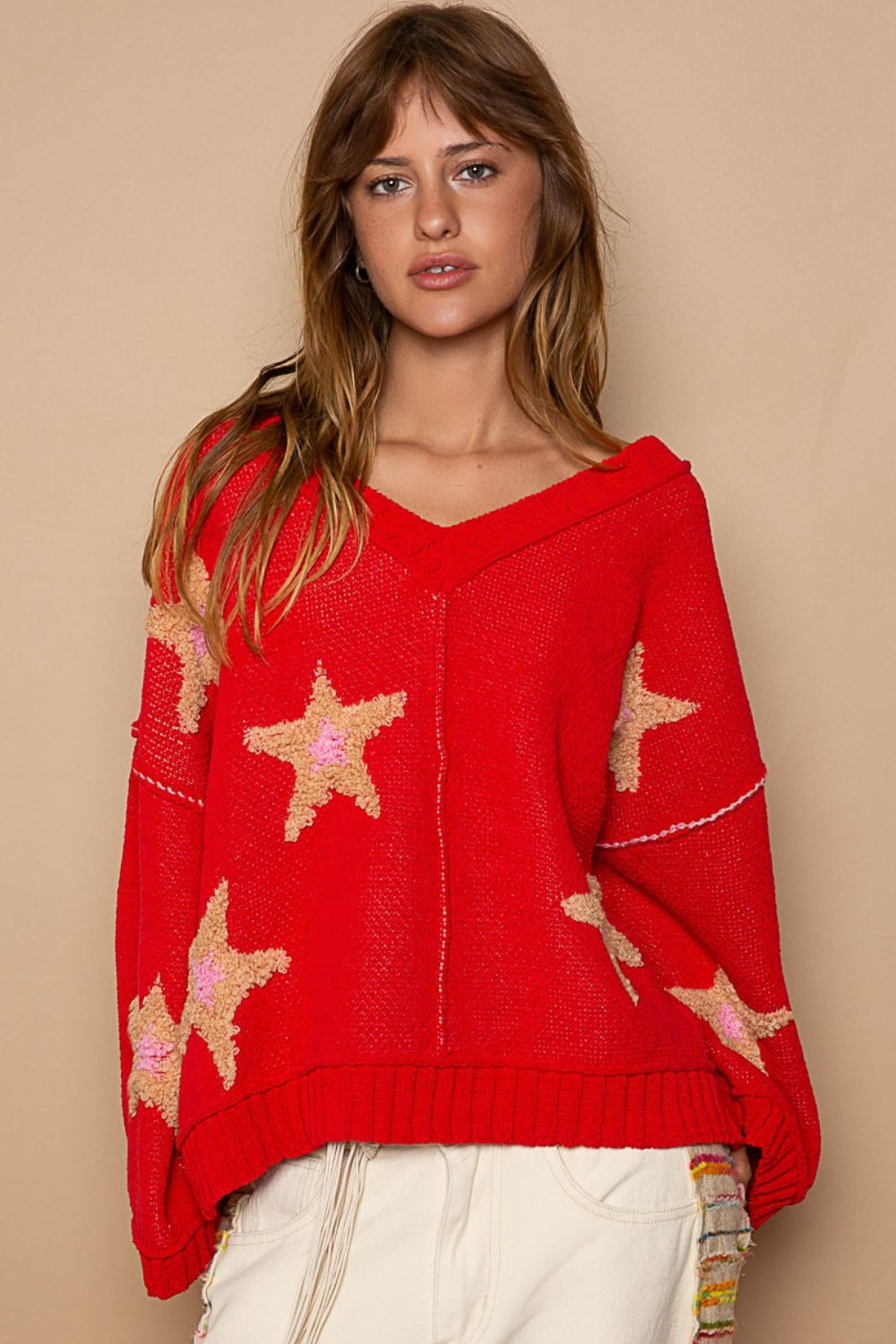 POL Long Sleeve Star Patch Sweater Apple Red