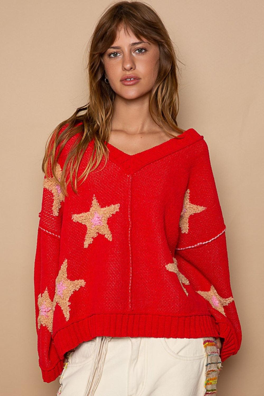 POL Long Sleeve Star Patch Sweater Apple Red Sweaters