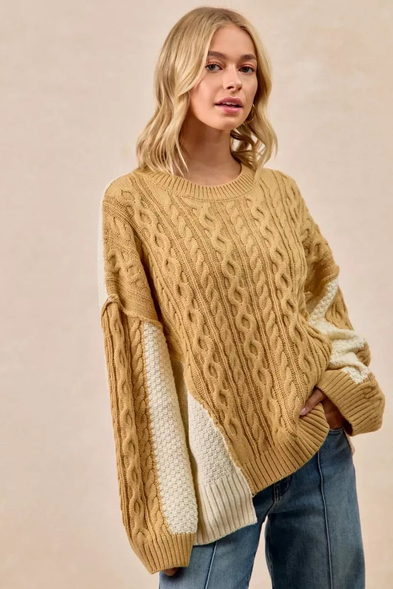 BiBi Cable Knit With Hacci Combo Sweater With Uneven Hem Detail - DAVERRI FASHIONS