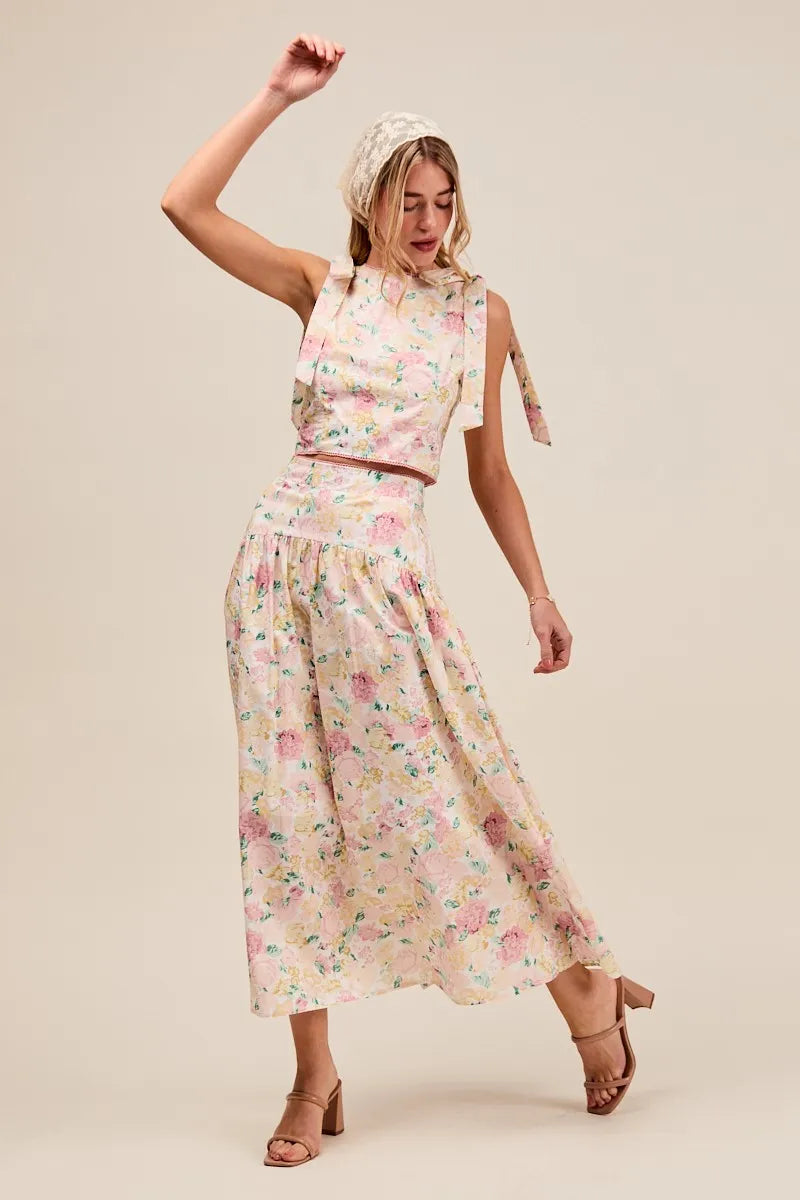 SO ME Floral Printed Woven Shoulder Bow Tie Top and Skirt Set Outfit Sets