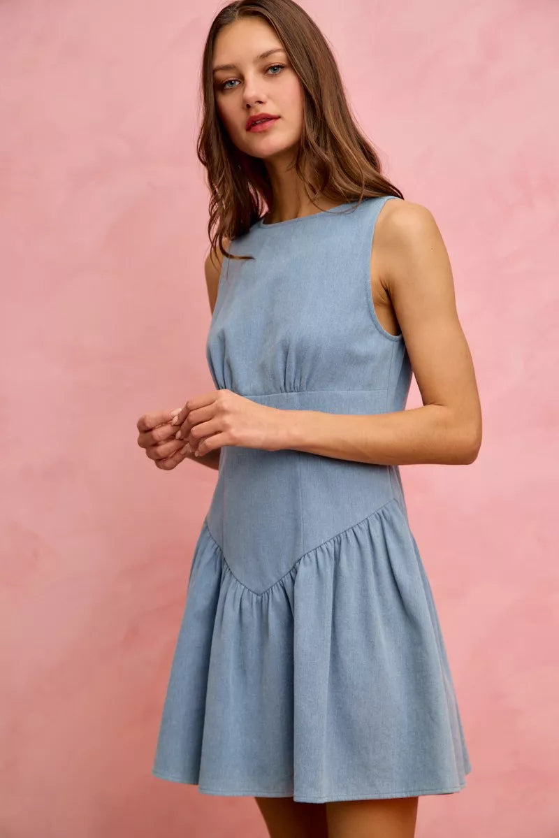SO ME light blue fit and flare sleeveless denim mini dress