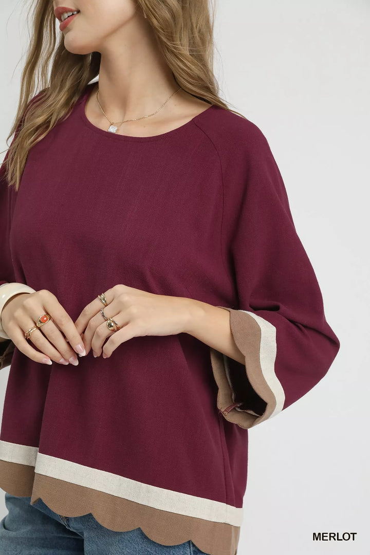 Umgee Scalloped Hem Color Block Top | Blouses Daverri Fashions