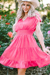 Vibrant pink smocked V-neck cap sleeve mini dress for women