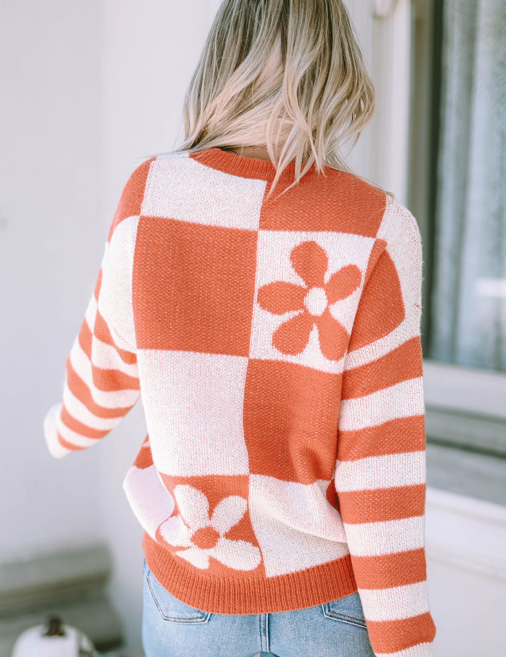 Checkered Floral Print Striped Sleeve Sweater | Sweaters Daverri Fashions