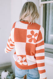 Checkered Floral Print Striped Sleeve Sweater | Sweaters Daverri Fashions