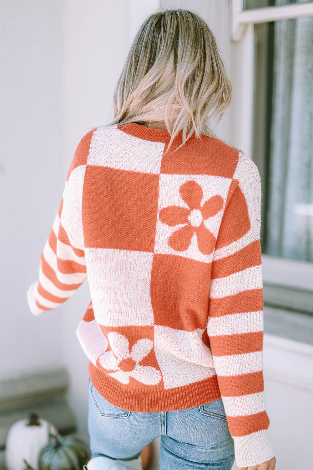 Checkered Floral Print Striped Sleeve Sweater | Sweaters Daverri Fashions