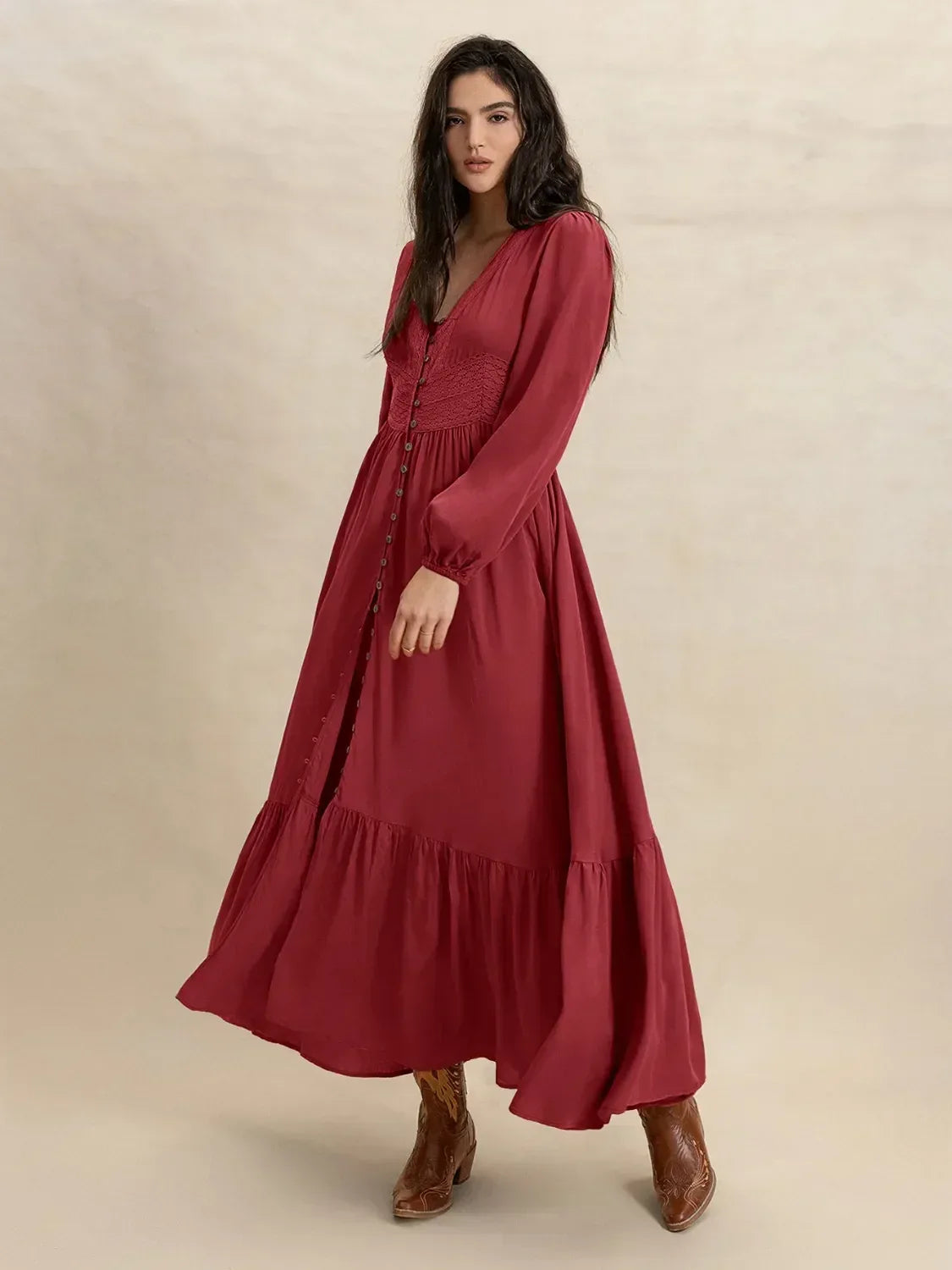 V-Neck Balloon Sleeve Ruffled Hem Maxi Dress - DAVERRI FASHIONS