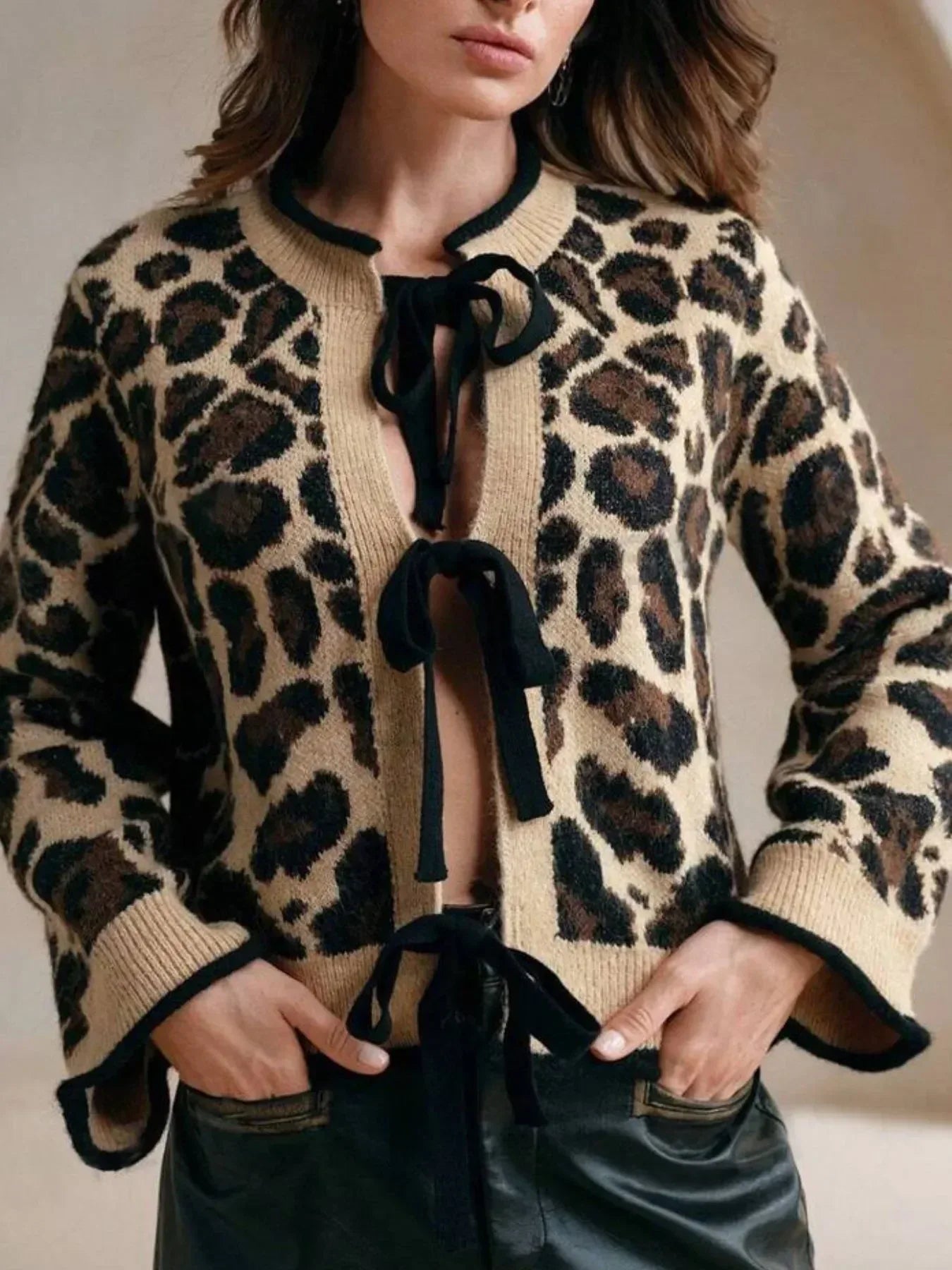 Leopard Print Bow-Tie Front Cropped Cardigan - DAVERRI FASHIONS